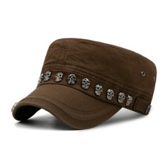 Hiphop Punk Style Skull Rivet Flat Peaked Army Hats - Coffee