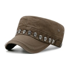 Hiphop Punk Style Skull Rivet Flat Peaked Army Hats - Green Coffee