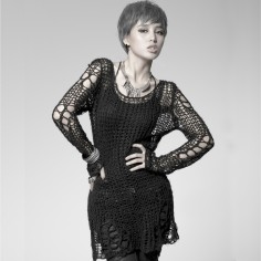 Long Sleeves Knitting Holes Stylish Punk Style Transparent Pullover Strpitted O Neck Sweater Tops - Black