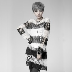Long Sleeves Knitting Holes Stylish Punk Style Transparent Pullover Strpitted O Neck Sweater Tops - White