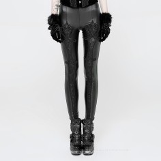 Elastic Waistband Flowers Embroidery Leggings Vintage Gothic Embossed Mesh Lace Pants - Black