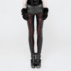 Elastic Waistband Flowers Embroidery Leggings Vintage Gothic Embossed Mesh Lace Pants - Red