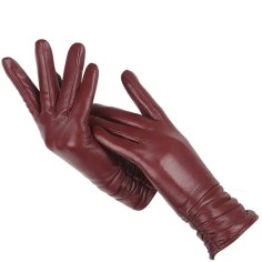 Classic Pleated Winter Leather Gloves - Burgundy