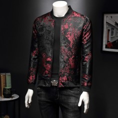 Flower Embroidery Stylish Bomber Zipper Streetstyle Slim Fit Jacket - Red

