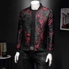 Flower Embroidery Stylish Bomber Zipper Streetstyle Slim Fit Jacket - Red

