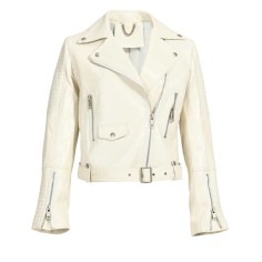 Button Decorated Genuie Leather Short  Coats Belts Motorcycle Biker Jackets - White
