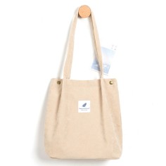 Eco Friendly Corduroy Foldable Shopping Casual Shoulder Button Tote Bags - Beige