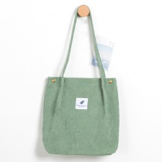 Eco Friendly Corduroy Foldable Shopping Casual Shoulder Button Tote Bags - Light Green