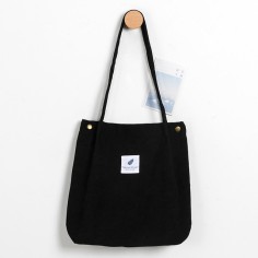 Eco Friendly Corduroy Foldable Shopping Casual Shoulder Button Tote Bags - Black