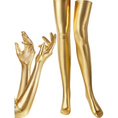 Elastic Shiny Wet Look Spandex Long Gloves and Stocking Costumes Set - Gold