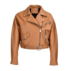 Button and Zip Decorated Genuie Leather Short Coats Belts Motorcycle Biker Jackets - Champagne