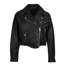 Button and Zip Decorated Genuie Leather Short Coats Belts Motorcycle Biker Jackets - Black