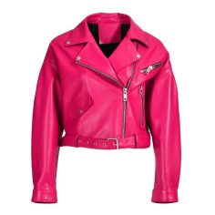 Button and Zip Decorated Genuie Leather Short Coats Belts Motorcycle Biker Jackets - Fuschia