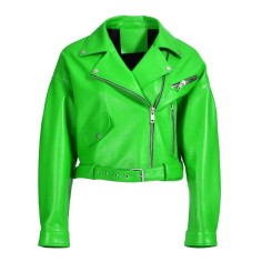 Button and Zip Decorated Genuie Leather Short Coats Belts Motorcycle Biker Jackets - Green