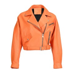 Button and Zip Decorated Genuie Leather Short Coats Belts Motorcycle Biker Jackets - Orange