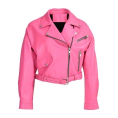 Button and Zip Decorated Genuie Leather Short Coats Belts Motorcycle Biker Jackets - Pink