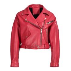 Button and Zip Decorated Genuie Leather Short Coats Belts Motorcycle Biker Jackets - Rose