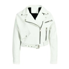 Button and Zip Decorated Genuie Leather Short Coats Belts Motorcycle Biker Jackets - White