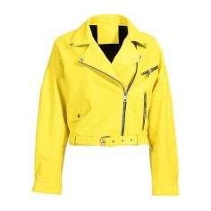 Button and Zip Decorated Genuie Leather Short Coats Belts Motorcycle Biker Jackets - Yellow