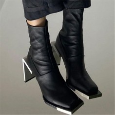 Square Toe Metal Strange Heels Leather Boots