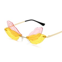 Colorful Dragonfly Rimless Party Festival Hippie Style Sunglasses - Pink Yellow