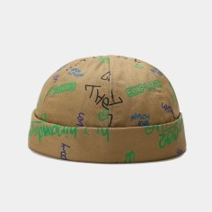 Brimless Beannie Hiphop Graffiti Pattern Headwear Caps - Khaki