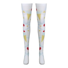 Shiny Transparent Elastic Long Ice Cream Print Stockings - White
