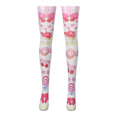 Shiny Transparent Elastic Long Donuts Cakes Print Stockings - White Pink