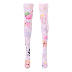Shiny Transparent Elastic Long 8bit Arcade Anime Print Stockings - Pink