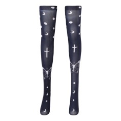 Shiny Transparent Elastic Long Butterfly Cross Halloween Print Stockings - Black