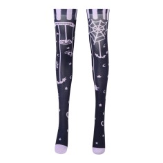 Shiny Transparent Elastic Long Spiders Bats Halloween Print Stockings - Black