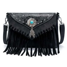 Multi-functional Designer American Midwest Pattern Print Fringes Handbag - Black Flock Faux Leather
