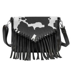 Multi-functional Designer Cowhide Pattern Print Fringes Handbag - Black Flock
