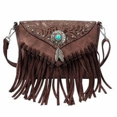 Multi-functional Designer American Midwest Pattern Print Fringes Handbag - Brown Flock Faux Leather