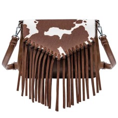 Multi-functional Designer Cowhide Pattern Print Fringes Handbag - Brown Flock