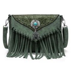 Multi-functional Designer American Midwest Pattern Print Fringes Handbag - DarkGreen Flock Faux Leather
