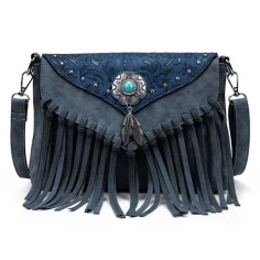 Multi-functional Designer American Midwest Pattern Print Fringes Handbag - DeepBlue Flock Faux Leather