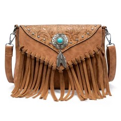 Multi-functional Designer American Midwest Pattern Print Fringes Handbag - LightBrown Flock Faux Leather