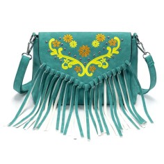Multi-functional Designer Bohemian Pattern Print Fringes Handbag - LightGreen Flock