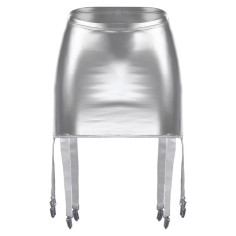 High Waist Wetlook Sexy Rave Costume Short Pants with Garters - Silver