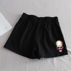Gothic Style Skull Print Short - Black Synthetic Knitted Fabric
