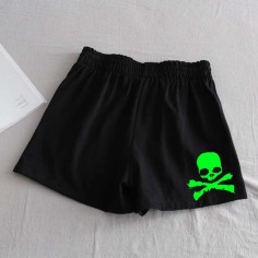 Gothic Style Skull Print Short - Black Synthetic Knitted Fabric
