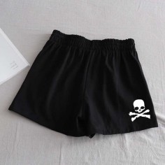 Gothic Style Skull Print Short - Black Synthetic Knitted Fabric