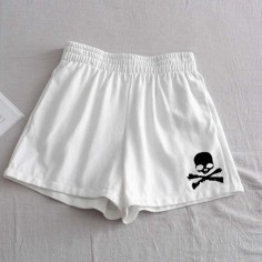 Gothic Style Skull Print Short - White Synthetic Knitted Fabric