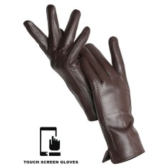 Classic Velvet Insole Side Decorated Stitch Winter Touch Screen Gloves - Brown
