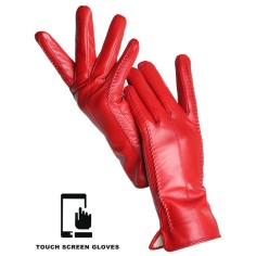 Classic Velvet Insole Side Decorated Stitch Winter Touch Screen Gloves - Red