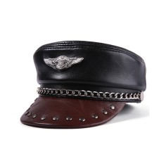 Chain and Rivet Decorated Visor Casquette Captain Motorcycle Hats - Black Brown