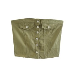 Street Summer Style Crop Chest Denim Sleeveless Over Top - Army Green