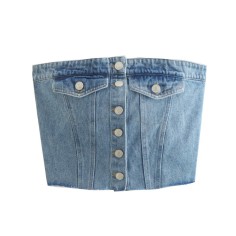 Street Summer Style Crop Chest Denim Sleeveless Over Top - Blue