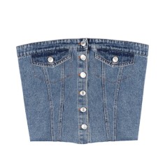 Street Summer Style Crop Chest Denim Sleeveless Over Top - Deep Blue